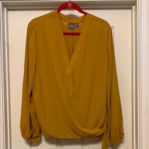 Soho Yellow Wrap Blouse with Cuffed Sleeves and Mandarin Collar